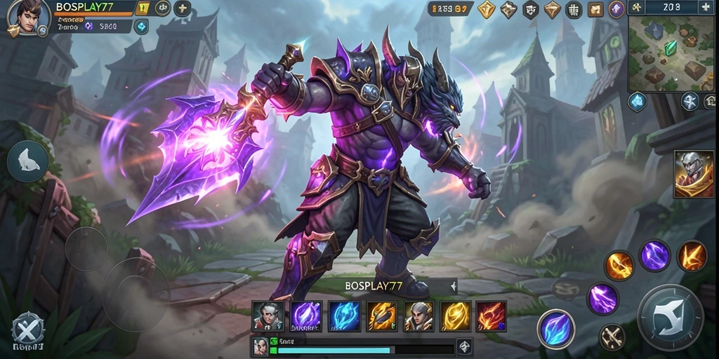 Screenshot gameplay BOSPLAY77 yang menampilkan pertarungan seru di dunia fantasi.