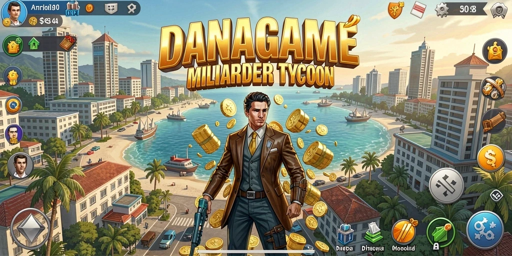 Screenshot menunjukkan gameplay mengelola bisnis dalam DANAGAME.