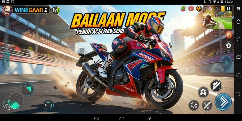 Tangkapan layar gameplay WIN8GAME menunjukkan balapan motor yang mendebarkan.